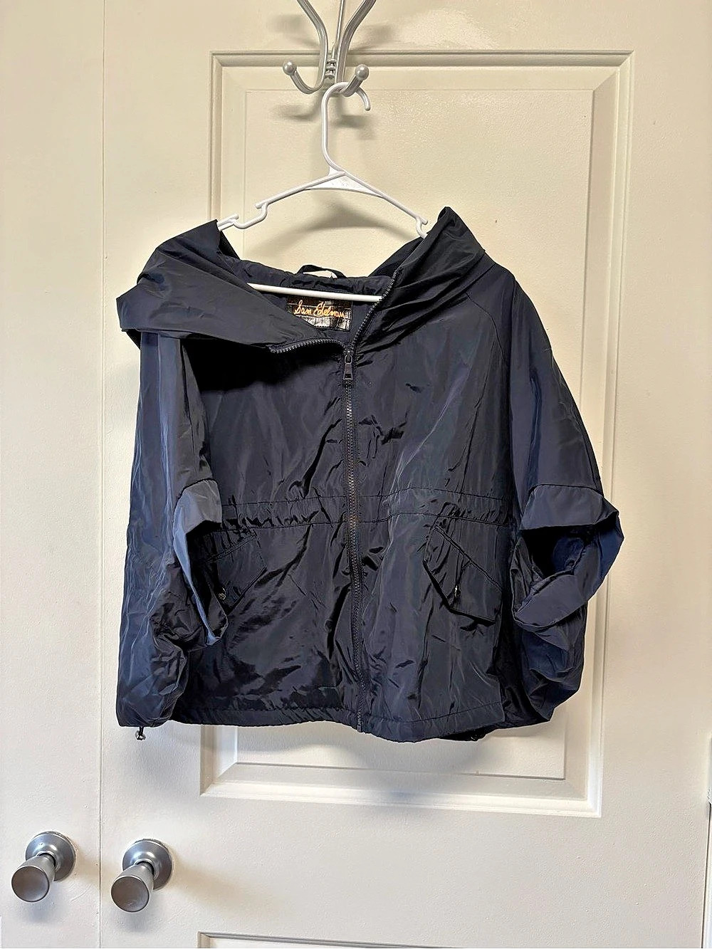 Sam Edelman Hooded packable Track Top Jacket Cape Windbreaker Navy Blue Size L